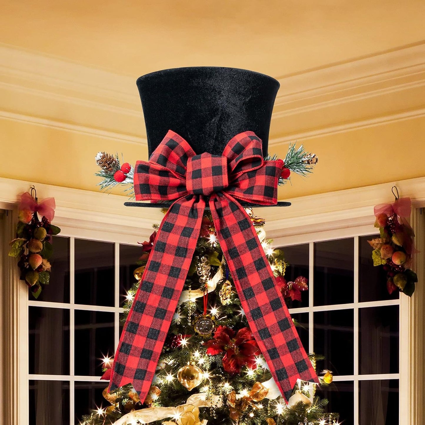 Christmas Tree Topper, Large Black Tree Topper with Buffalo Plaid Bow Ribbon Ornament, Rustic Xmas Tree Topper Top Hat for Farmhouse Home Office Holiday Tree Decoration