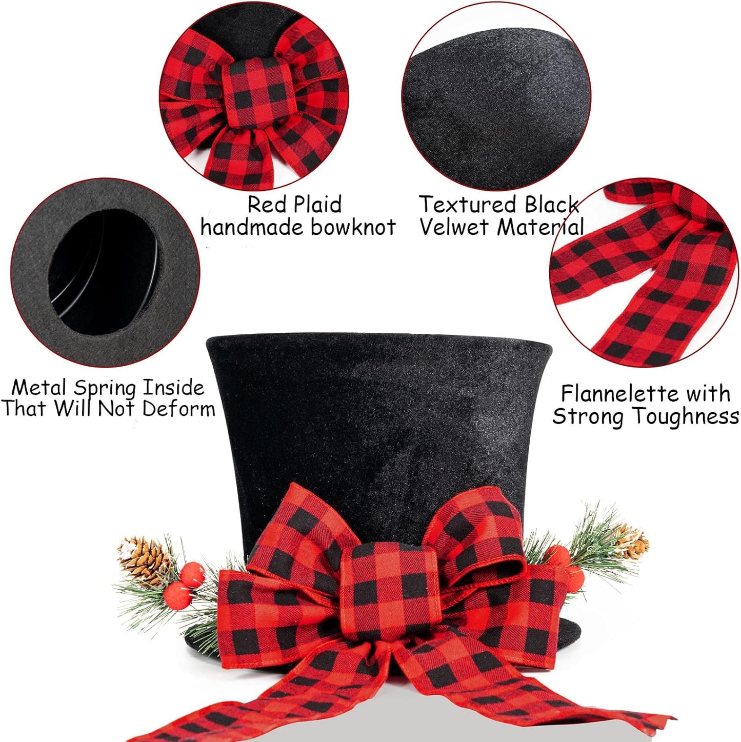 Christmas Tree Topper, Large Black Tree Topper with Buffalo Plaid Bow Ribbon Ornament, Rustic Xmas Tree Topper Top Hat for Farmhouse Home Office Holiday Tree Decoration