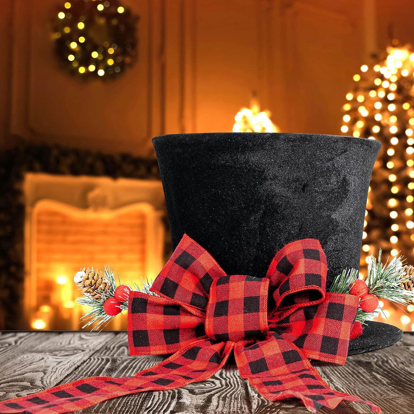 Christmas Tree Topper, Large Black Tree Topper with Buffalo Plaid Bow Ribbon Ornament, Rustic Xmas Tree Topper Top Hat for Farmhouse Home Office Holiday Tree Decoration