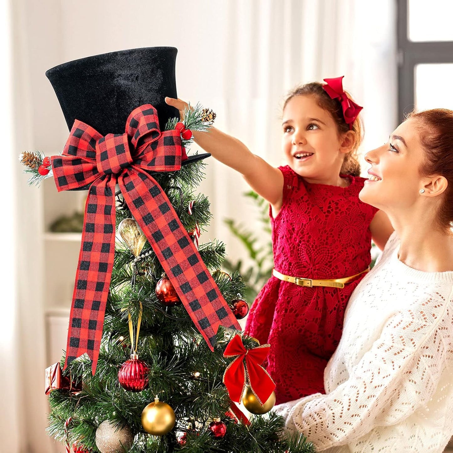 Christmas Tree Topper, Large Black Tree Topper with Buffalo Plaid Bow Ribbon Ornament, Rustic Xmas Tree Topper Top Hat for Farmhouse Home Office Holiday Tree Decoration