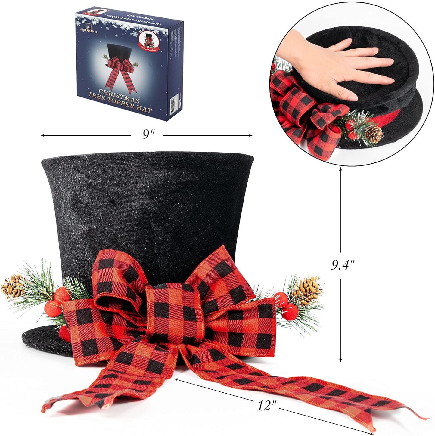 Christmas Tree Topper, Large Black Tree Topper with Buffalo Plaid Bow Ribbon Ornament, Rustic Xmas Tree Topper Top Hat for Farmhouse Home Office Holiday Tree Decoration