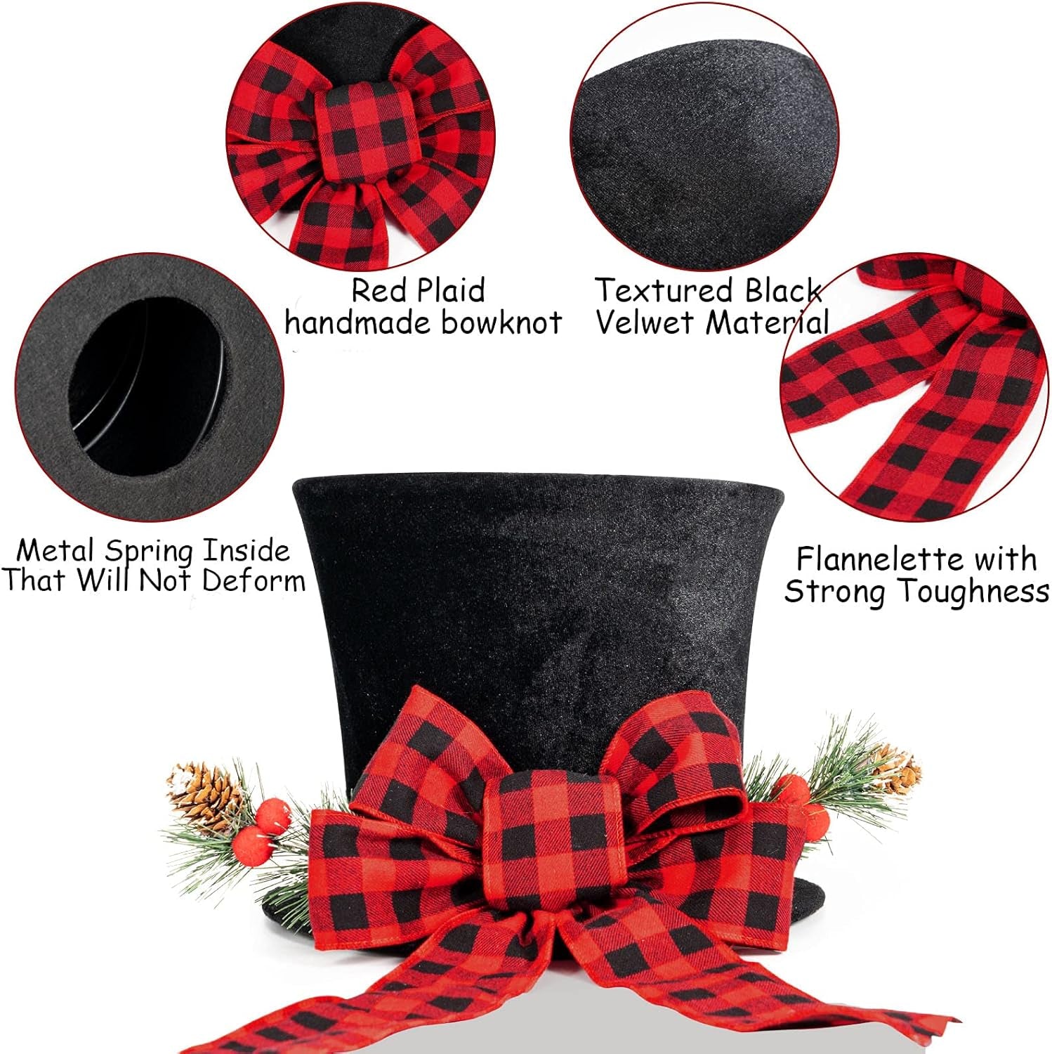 Christmas Tree Topper, Large Black Tree Topper with Buffalo Plaid Bow Ribbon Ornament, Rustic Xmas Tree Topper Top Hat for Farmhouse Home Office Holiday Tree Decoration