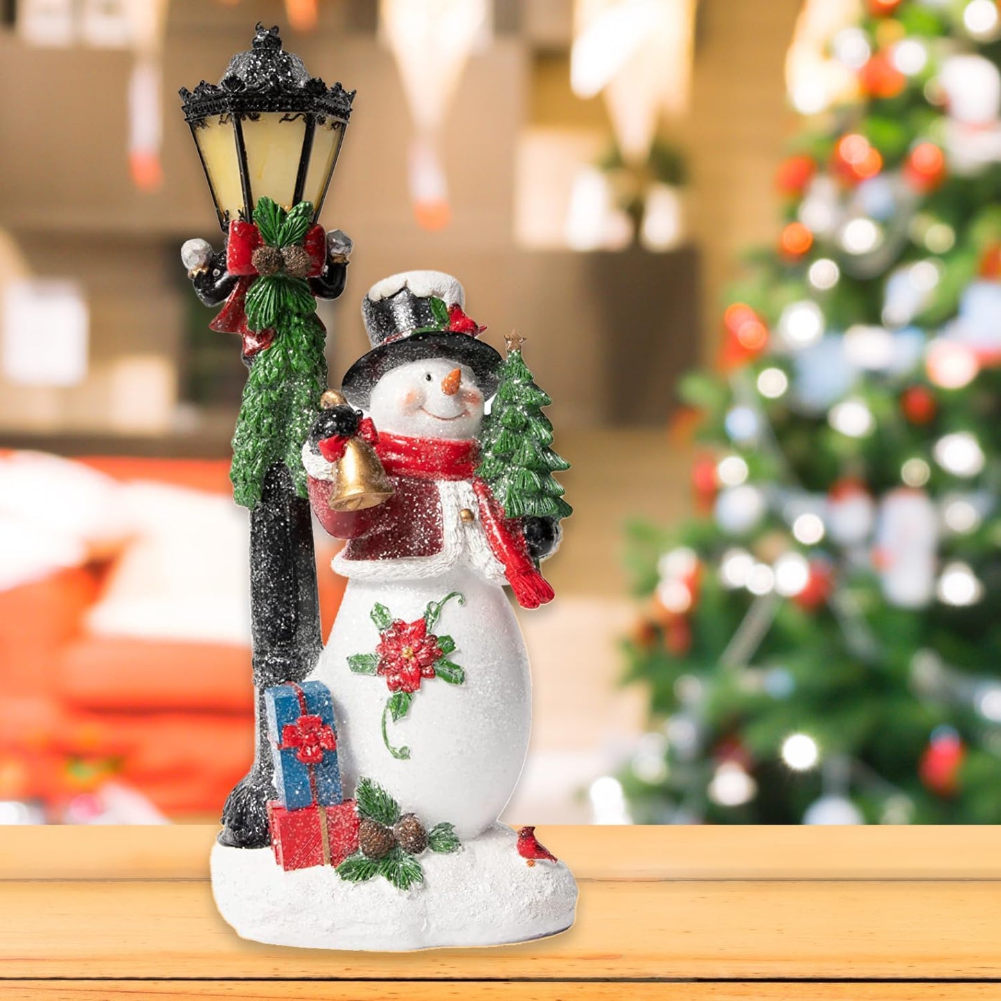 Christmas Snowman Decor Christmas Figurines Resin Snowman Lighted Decorations Indoor Glowing Lampost LED Holiday Light up Snowman Indoor Festive Fiber Optic Decorations
