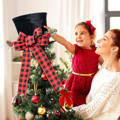 Christmas Tree Topper, Large Black Tree Topper with Buffalo Plaid Bow Ribbon Ornament, Rustic Xmas Tree Topper Top Hat for Farmhouse Home Office Holiday Tree Decoration