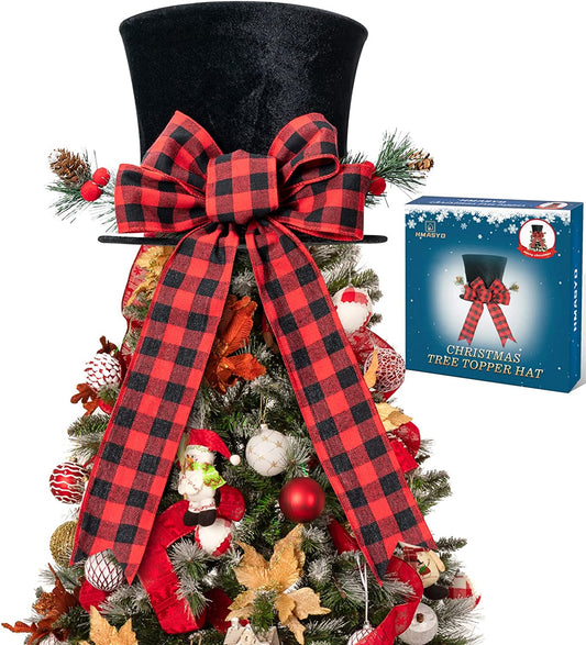 Christmas Tree Topper, Large Black Tree Topper with Buffalo Plaid Bow Ribbon Ornament, Rustic Xmas Tree Topper Top Hat for Farmhouse Home Office Holiday Tree Decoration