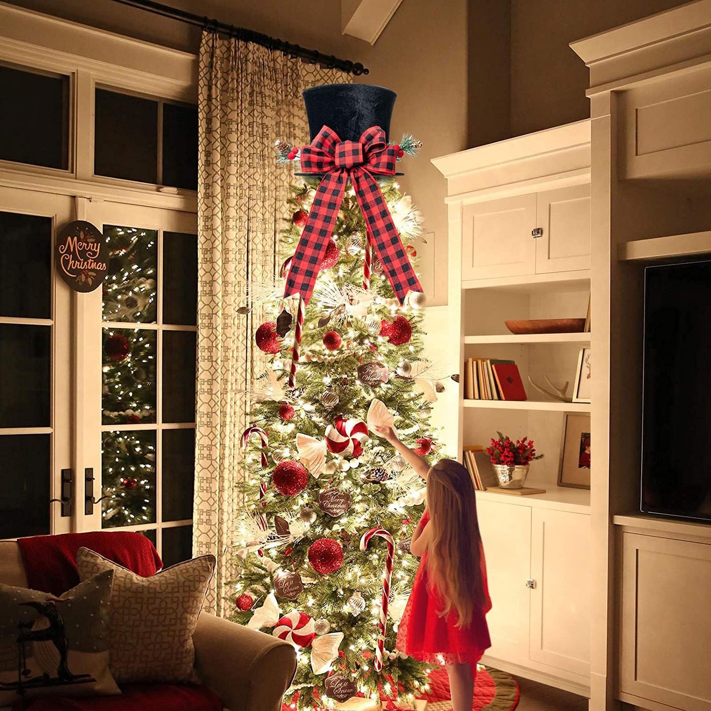 Christmas Tree Topper, Large Black Tree Topper with Buffalo Plaid Bow Ribbon Ornament, Rustic Xmas Tree Topper Top Hat for Farmhouse Home Office Holiday Tree Decoration